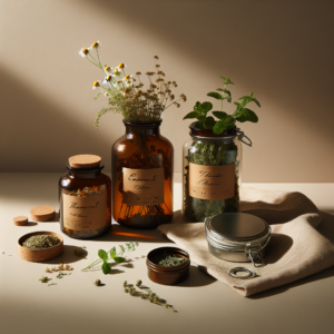 Bocaux ambrés remplis d'herbes séchées, étiquettes soignées