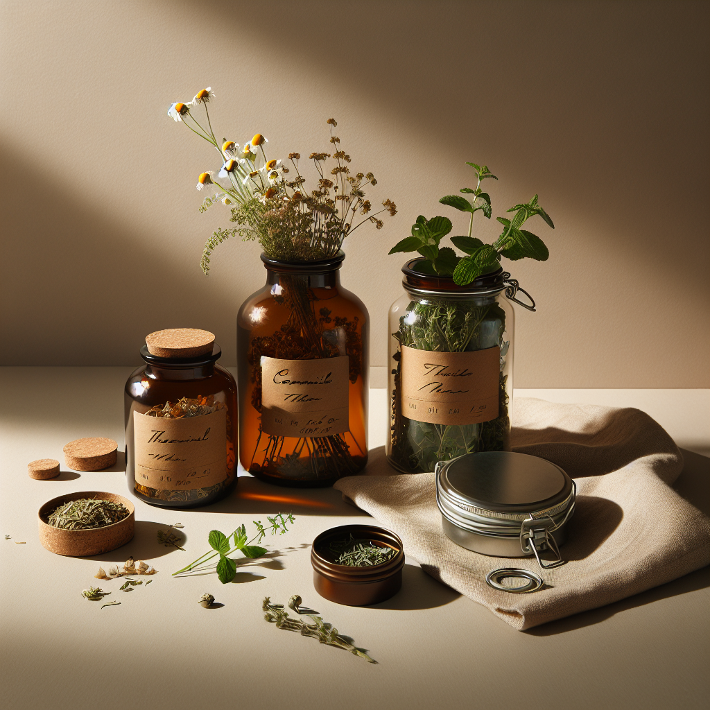 Bocaux ambrés remplis d'herbes séchées, étiquettes soignées