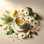 Plantes digestives: camomille, menthe, fenouil, gingembre en tasse